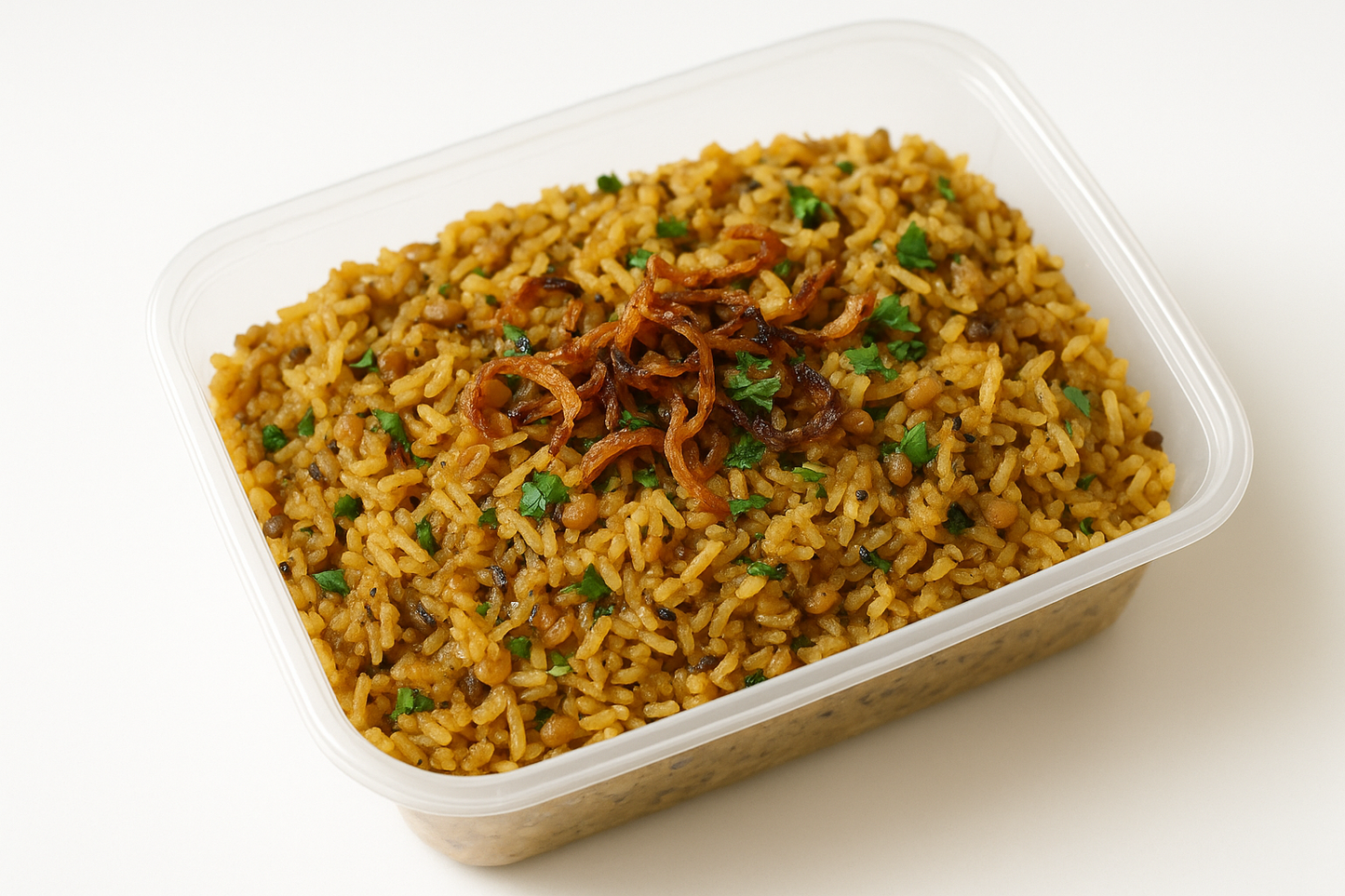 Bhuna khichuri in a transparent takeaway box, white background, image size 1100px x 1100px