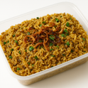 Bhuna khichuri in a transparent takeaway box, white background, image size 1100px x 1100px