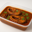 Hilsha fish Bhuna in a transparent takeaway box, white background