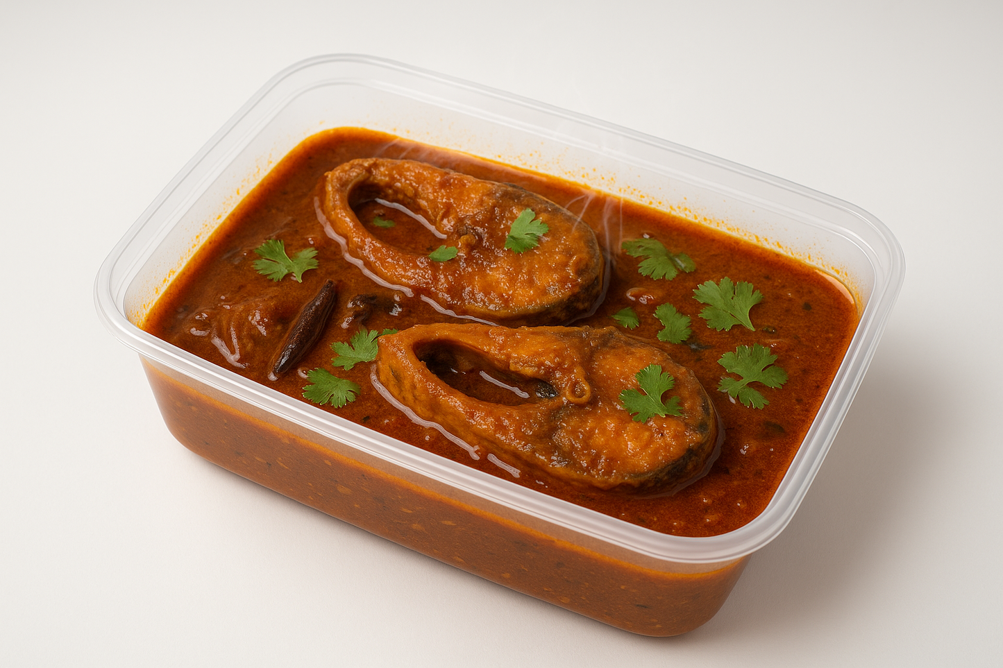 Hilsha fish Bhuna in a transparent takeaway box, white background